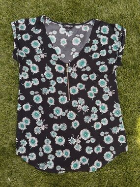 Express Black Floral Zip V-Neck Blouse with Teal Accents